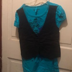 Blue top with sewn on black vest